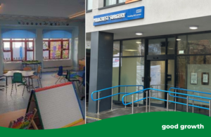 A classroom and a front of a surgery