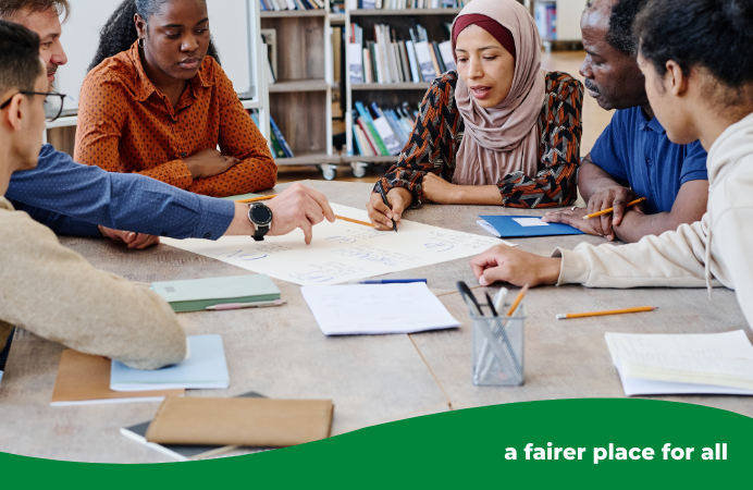 A group of 3 men and 3 women sitting around a table discussing a document. A board at the background displays different words in English
