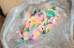 Colourful toys in a plastic bag inside a cardboard box
