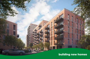 Buildings with trees on either side