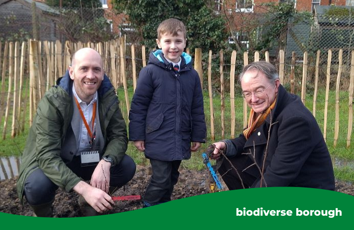 Councillors Josh Blacker and Paul Driscoll planting trees in a muddy field with a boy from St Gregory's Primary School.