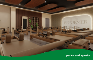 Reformer pilates studio with a green banner at the bottom of the image with the text "parks and sports"