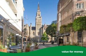 Ealing Town Hall viewed from between two other buildings