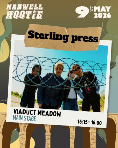Promotional poster for Sterling Press at Hootie Festival, showing three band members behind coiled barbed wire, with event details and stage time.