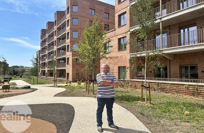 Council tenant Luke outside his new home at the Golf Links estate in Greenford