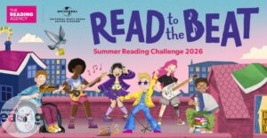 An illustration of children playing in a rock band with the words 'Read to the Beat' above them.