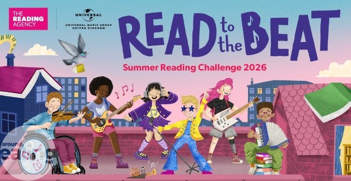 An illustration of children playing in a rock band with the words 'Read to the Beat' above them.
