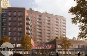 CGI image of new homes in a block of flats with trees in the foreground