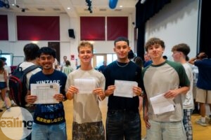 A-level students at Elthorne Park High collecting their results