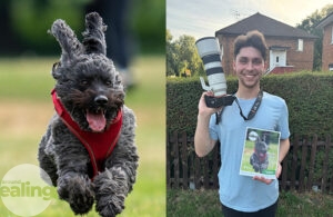 Dog running in a park; and man holding a camera