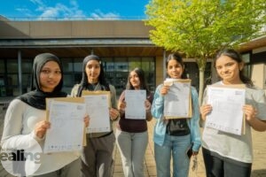 A group of female students with their GCSE results at Dormer's High School in Southall