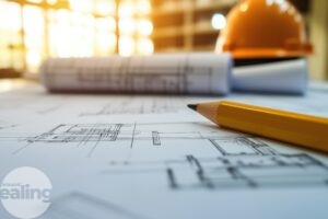 Close-up of blueprints and construction plans with a pencil
