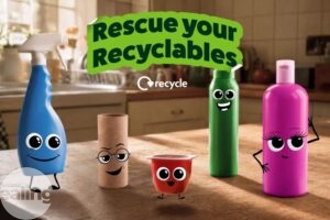 Illustration of animated recyclable household items, including bottles, a cardboard tube and a yoghurt pot, with the text "Rescue your Recyclables"
