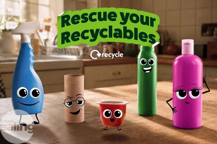 Illustration of animated recyclable household items, including bottles, a cardboard tube and a yoghurt pot, with the text "Rescue your Recyclables"