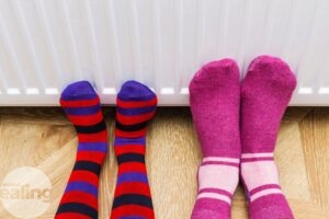 feet in cosy socks against a radiator