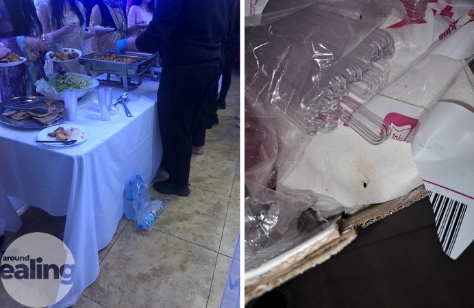 A buffer being served at Shaam Hall despite a closure order on the premises / mouse droppings on disposable cutlery