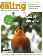 Front cover of Around Ealing magazine with a photo of a robin